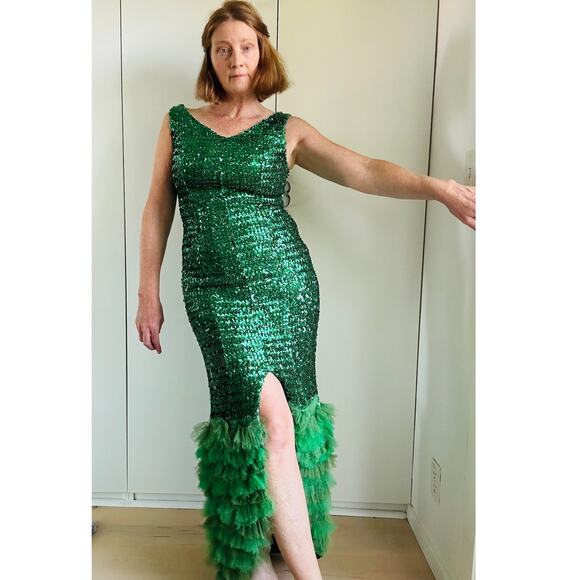 Vintage Dresses & Skirts - Vintage 1960s Green Sequin Formal Size S-6 Fit Ankle Length Party Black Tie Gown